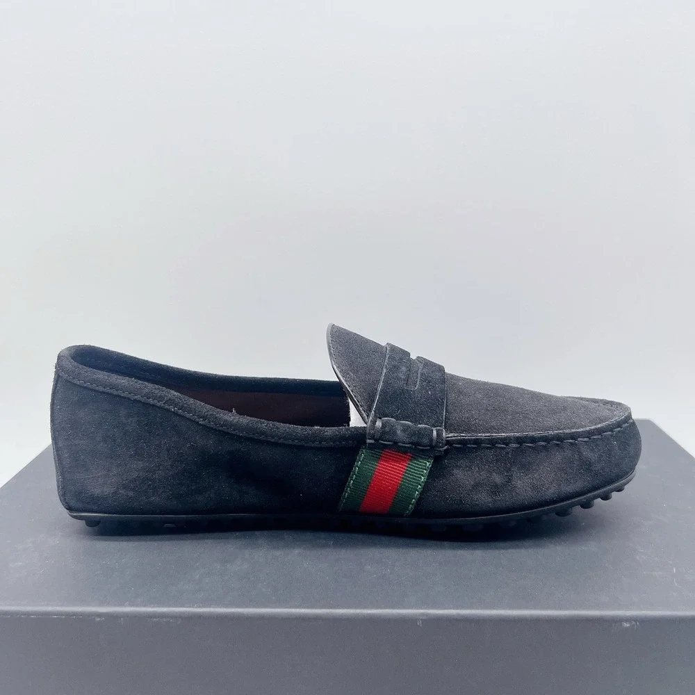 Gucci Web Accent Penny Slip On Loafers Driver Shoe Black Suede Wms UK 6 US 9 - Picture 8 of 15